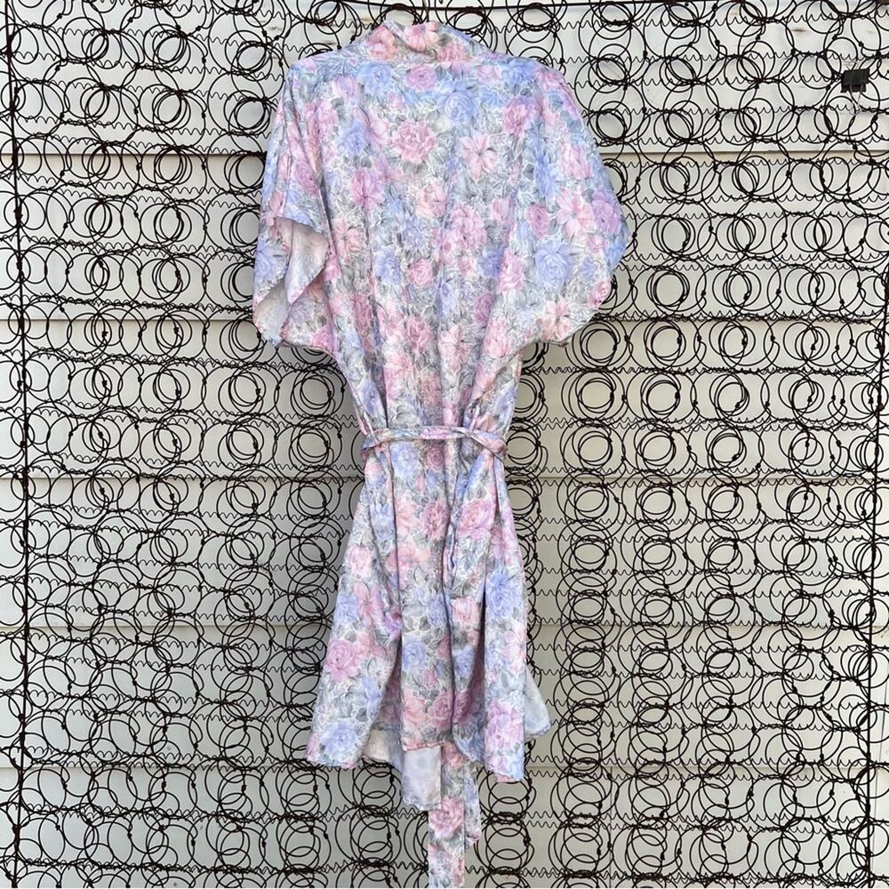 Vintage 90s Pinx pastel blue pink floral slinky short bathrobe 2X PLUS VOLUP - Picture 2 of 5